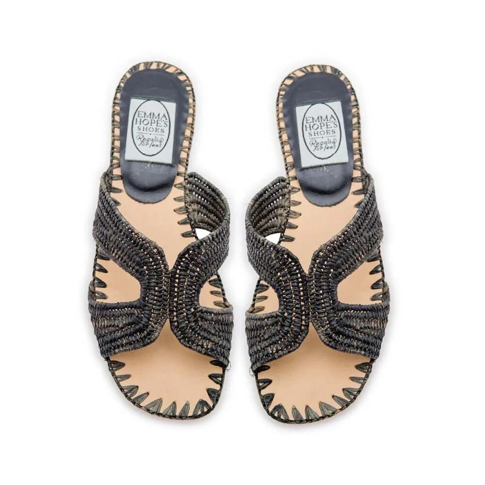 Emma Hope EUC Black Raffia H Sandal Slip On Slide Size 37 EU 7 US